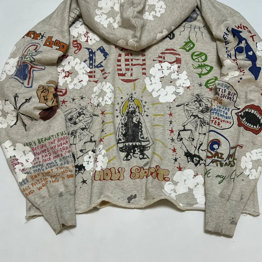 DENIM TEARS × ©SAINT M×××××× "SAINT TEARS" Graffiti Hoodie Joint Model Cotton Graffiti Hoodie Fully Printed Washed Distressed Holes Vintage Sweatshirt Gray S-XL Super Heavy Duty! The whole piece is printed with 35 screens and counterpoint printing!